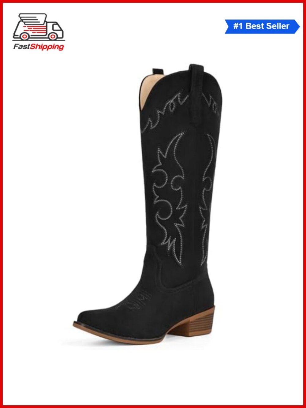 Suede Cowboy Boots Women Knee High Western Cowgirl Floral Embroidered